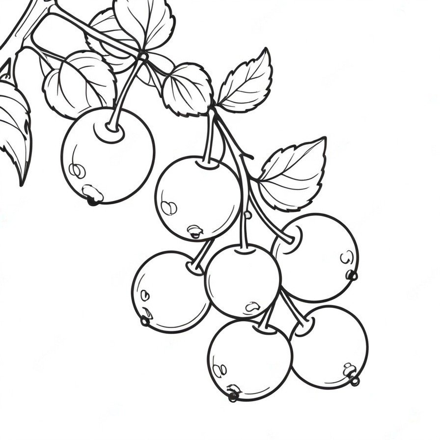 Indulge in 'Succulent Cherry Twins,' a coloring page that captures the luscious appeal of ripe cherries, perfect for those who delight in the juicy fruit.