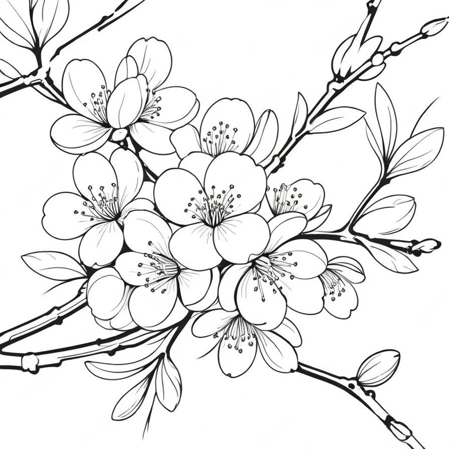 Welcome spring with 'Sunny Apricot Blossoms,' a coloring page that offers a tranquil retreat into the serene beauty of apricot trees in full bloom.