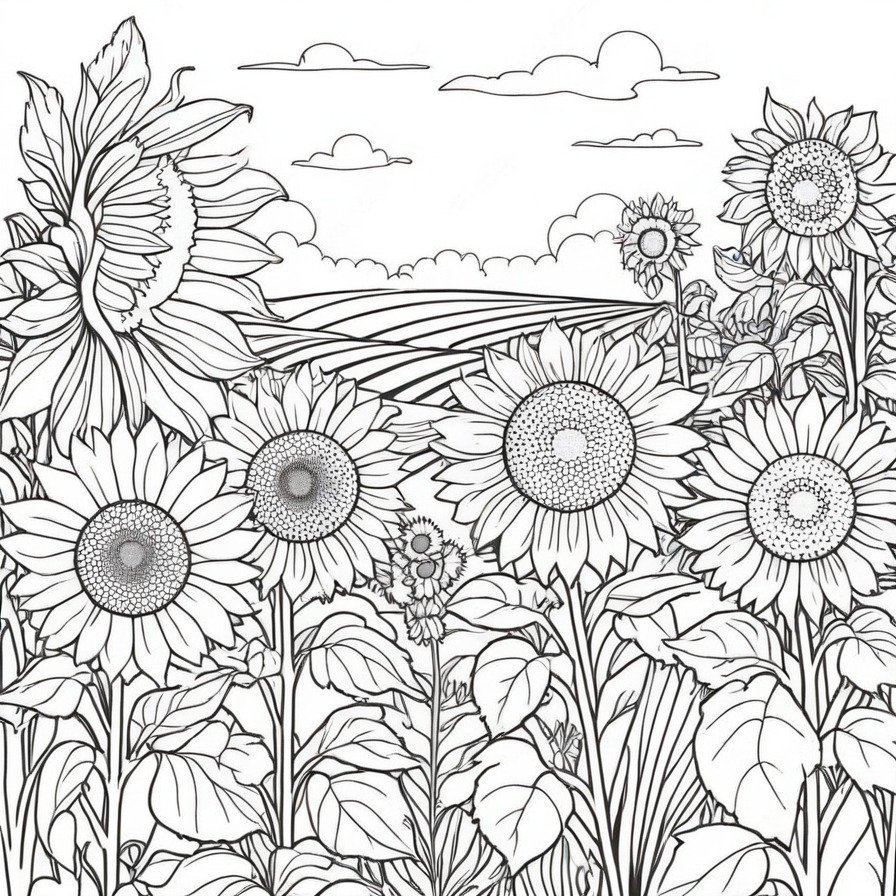 Let your spirits be lifted with 'Sunshine Sunflowers,' a coloring page that celebrates the joy and vibrancy of sunflowers, a perfect canvas for those who wish to bring a touch of sunshine into their art.