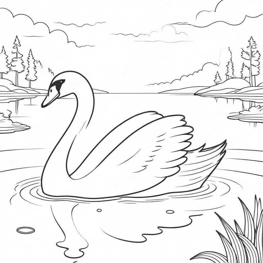 Embrace the peace of 'Swan Lake,' a coloring page that showcases the elegance and calmness of a swan on water. This page is perfect for those who appreciate the serene beauty of swans and the reflective quality of water, offering a tranquil and soothing coloring experience.