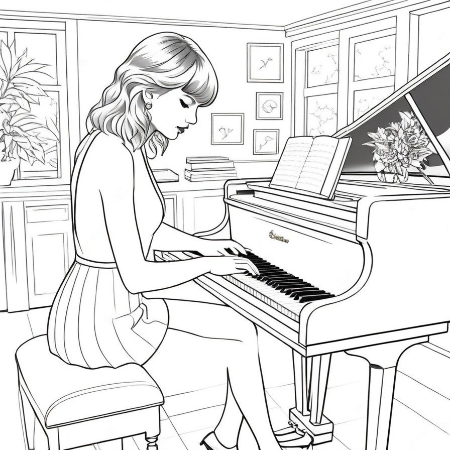 'Taylor Swift Songwriting at Home' offers a glimpse into the personal life of Taylor Swift, focusing on her as a songwriter. This coloring page allows fans to connect with Taylor's artistic process in a setting that feels both personal and inspiring.