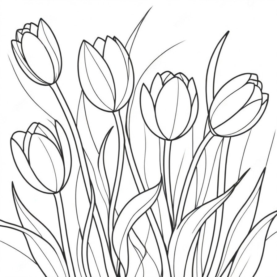 Be swept away with 'Tulips Dance,' a coloring page that portrays the delicate sway of tulips in the breeze, offering a sense of movement and elegance for a tranquil coloring session.