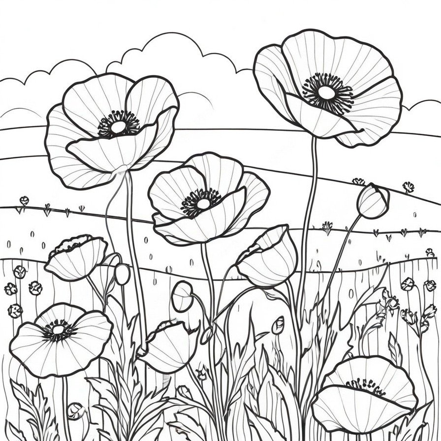 Discover 'Vivid Poppies Field,' a coloring page that captures the wild and vivid presence of poppies as they dance in the wind, a beautiful scene for artists who enjoy the allure of wildflowers.