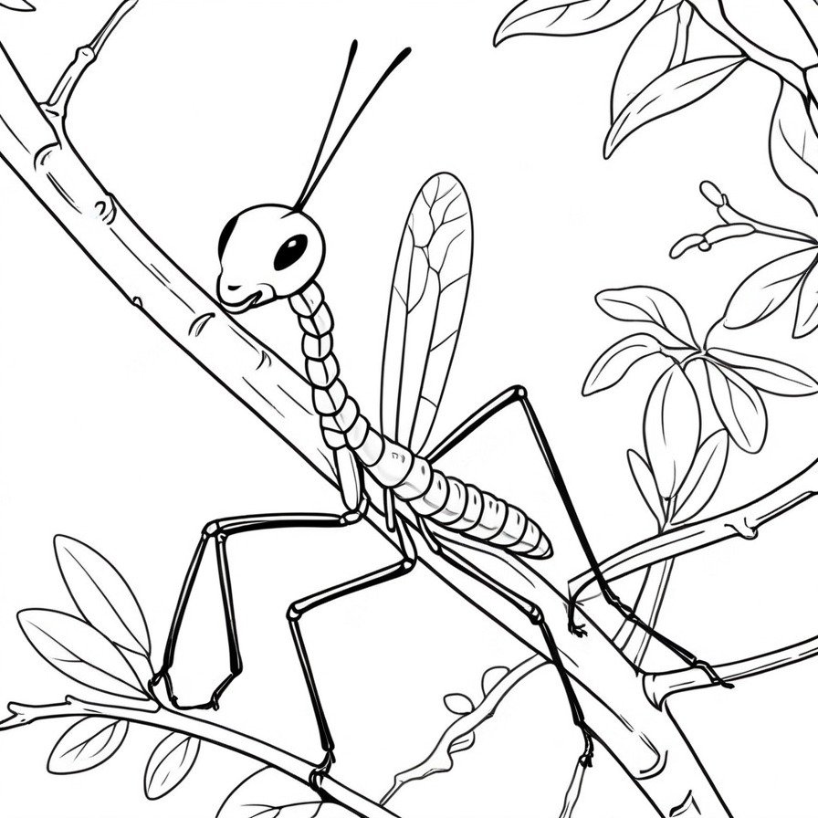 'Walking Stick's Camouflage' coloring page allows colorists to engage with the subtle art of camouflage, honing their attention to detail.