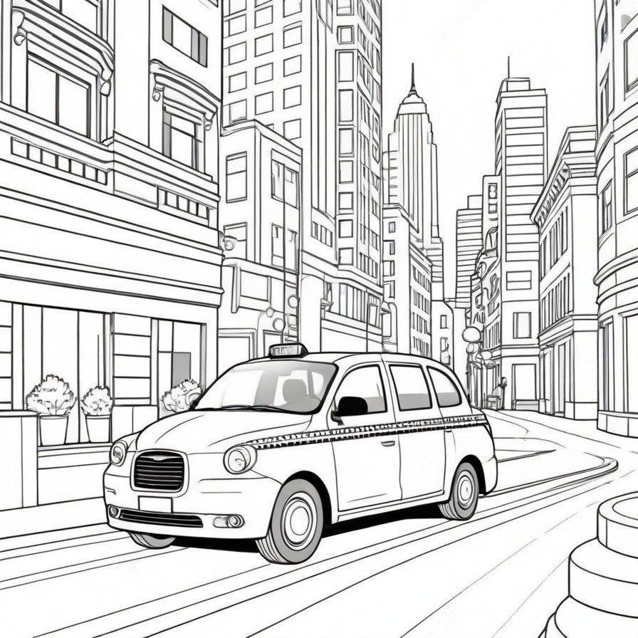 Catch a ride with 'Zipping City Taxi,' a coloring page for those who appreciate the hustle and bustle of city life, symbolized by the ever-present taxi cabs.