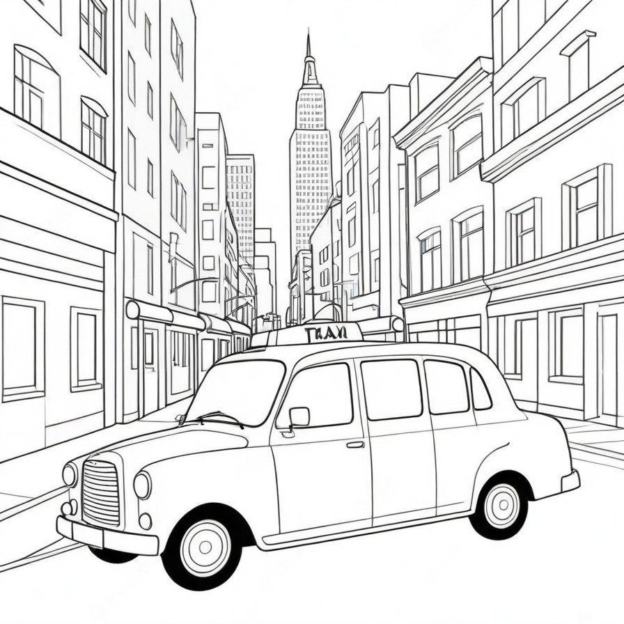 Catch a ride with 'Zipping City Taxi,' a coloring page for those who appreciate the hustle and bustle of city life, symbolized by the ever-present taxi cabs.