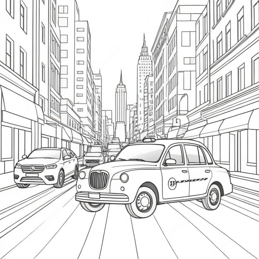 Catch a ride with 'Zipping City Taxi,' a coloring page for those who appreciate the hustle and bustle of city life, symbolized by the ever-present taxi cabs.