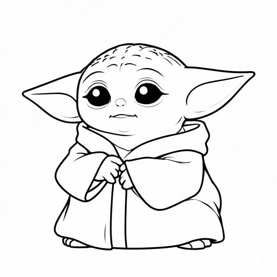 'Baby Yoda's Curious Glance' captures a charming moment of curiosity, featuring The Child from Star Wars: The Mandalorian. This portrait emphasizes his iconic features with a minimalistic approach, making it perfect for coloring enthusiasts who enjoy character expressions and simple backgrounds.