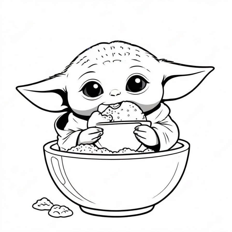 'Baby Yoda's Meal Time' portrays a joyful scene of The Child indulging in his food, with attention to detail in his expressive eyes and the textures of his clothing. This drawing invites colorists to focus on subtle textures and expressions, providing a delightful subject for fans of all ages.
