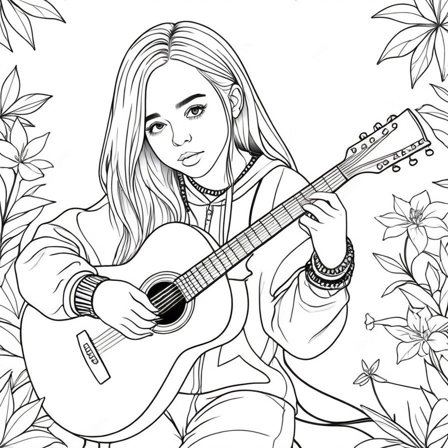 'Billie's Acoustic Performance' provides a serene and intimate view of Billie Eilish as she shares her passion for music through an acoustic set. This coloring page is perfect for those who love music and the personal touch of live performances.