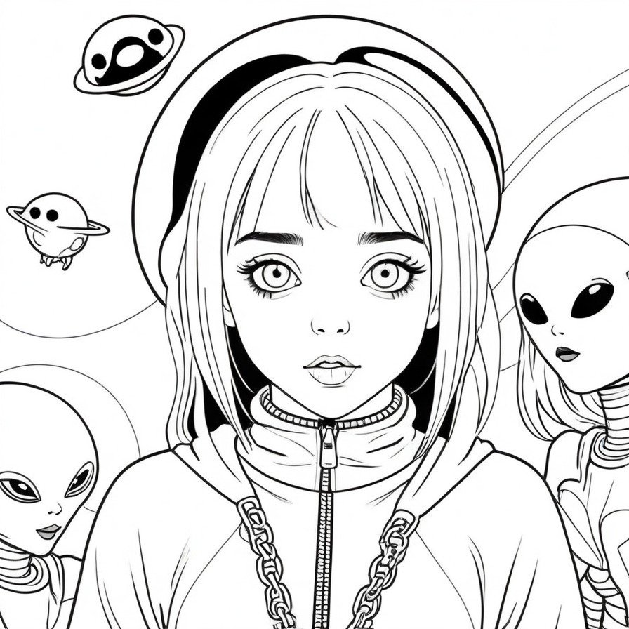 Join Billie Eilish on an extraordinary space adventure with 'Billie's Alien Encounter.' This coloring page takes you on a journey through a playful extraterrestrial meeting, where Billie interacts with friendly aliens in a whimsical universe. The scene is designed to spark imagination and provide a fun coloring experience for all ages.