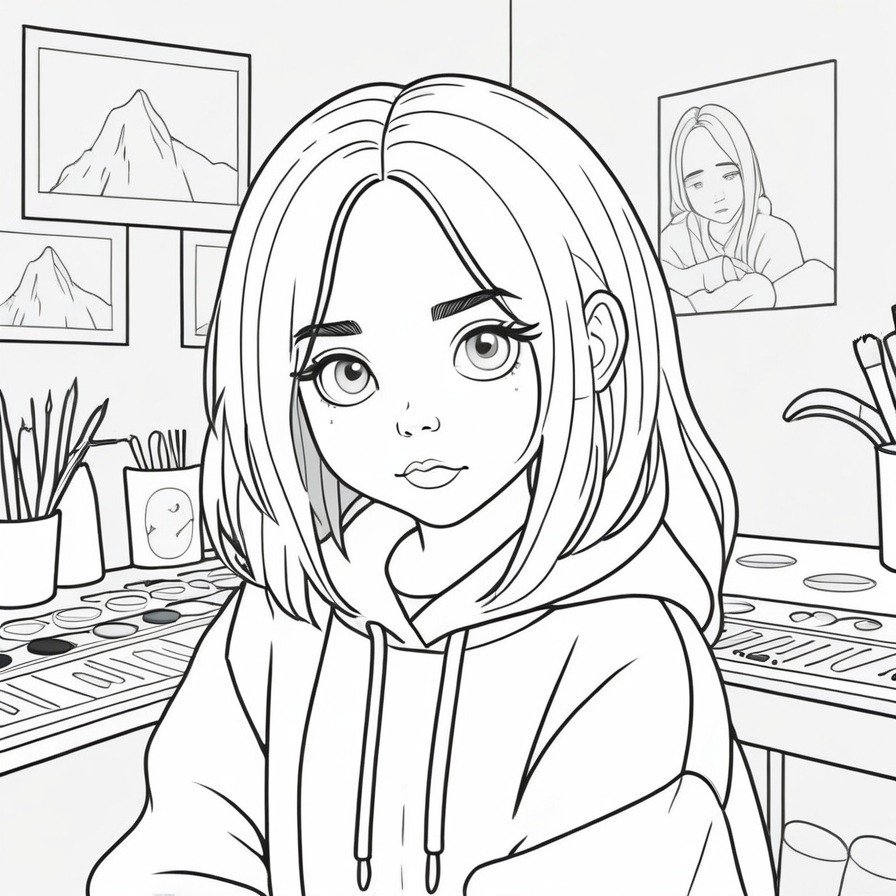 'Billie's Art Studio' showcases Billie Eilish's artistic side as she engages in painting. This coloring page offers a glimpse into her creative process, making it a delightful experience for those who love art and music.