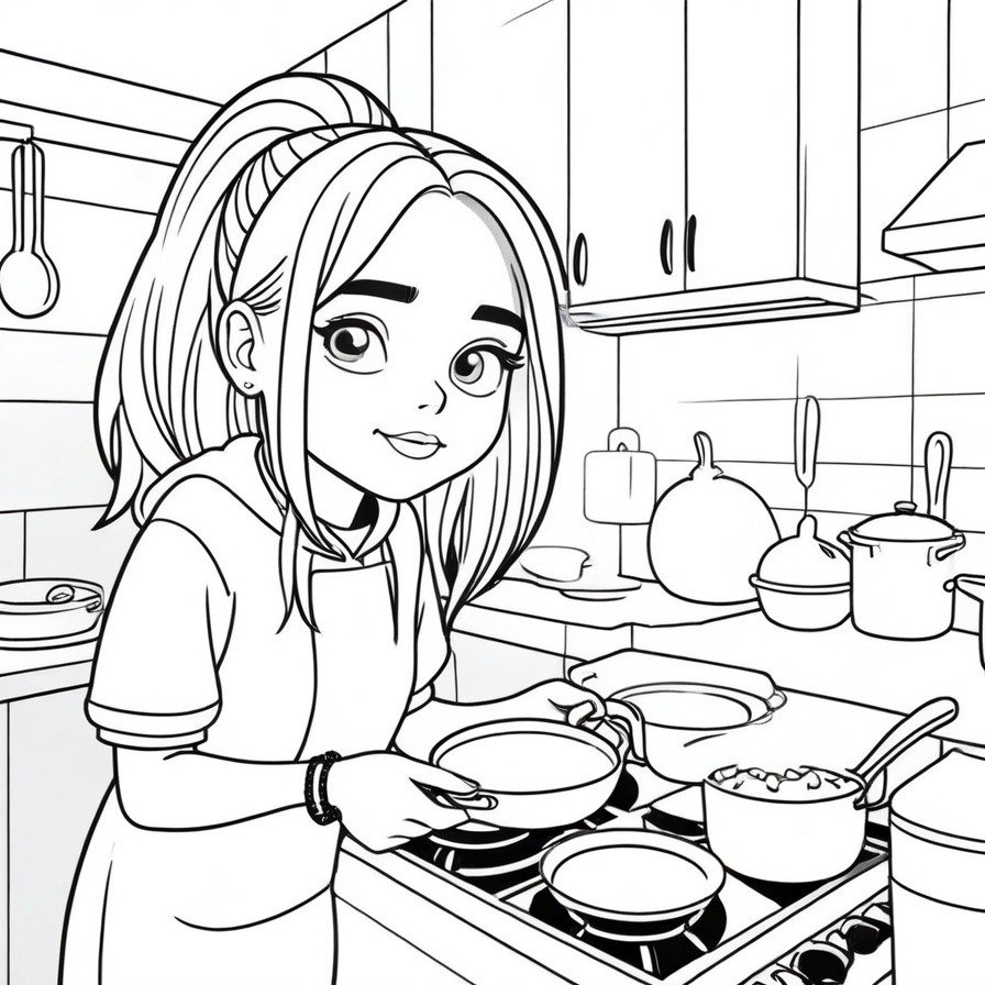 'Billie's Cooking Class' invites colorists to join Billie Eilish in a fun and lively kitchen scene. This coloring page captures her joy in cooking, offering a creative and engaging activity for fans of all ages.