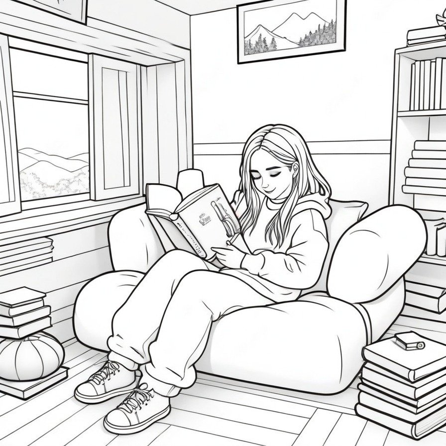 'Billie's Cozy Reading Nook' offers a peaceful and inviting scene where Billie Eilish unwinds with a good book. This coloring page is perfect for those who appreciate quiet, cozy moments of reading and relaxation.