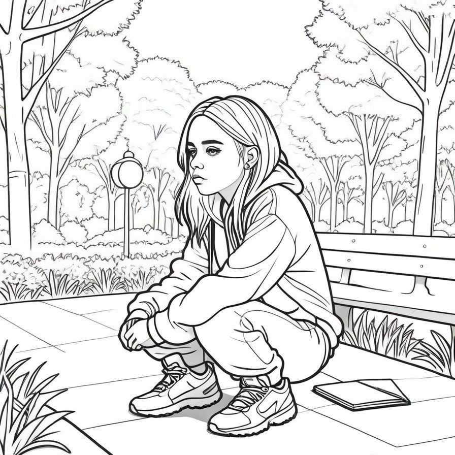 Step into a serene outdoor setting with 'Billie's Creative Break,' a coloring page that captures Billie Eilish during a peaceful sketching session in the park. This page invites colorists to explore their creativity alongside Billie, adding their personal touch to the tranquil scene.