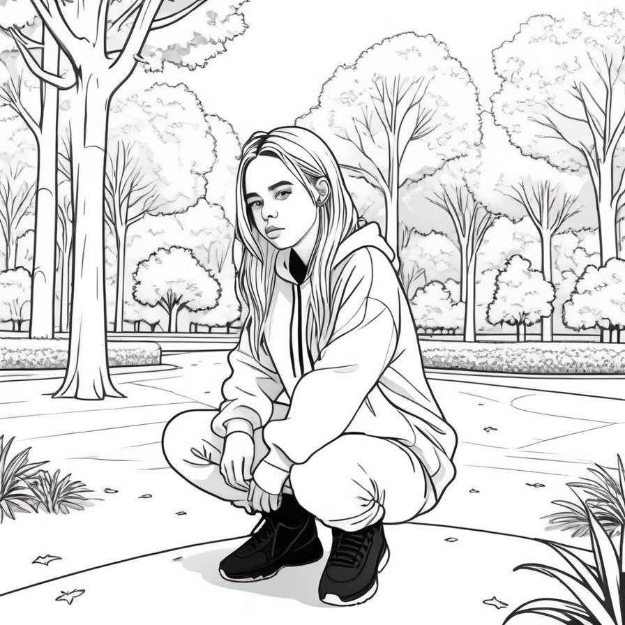 Step into a serene outdoor setting with 'Billie's Creative Break,' a coloring page that captures Billie Eilish during a peaceful sketching session in the park. This page invites colorists to explore their creativity alongside Billie, adding their personal touch to the tranquil scene.