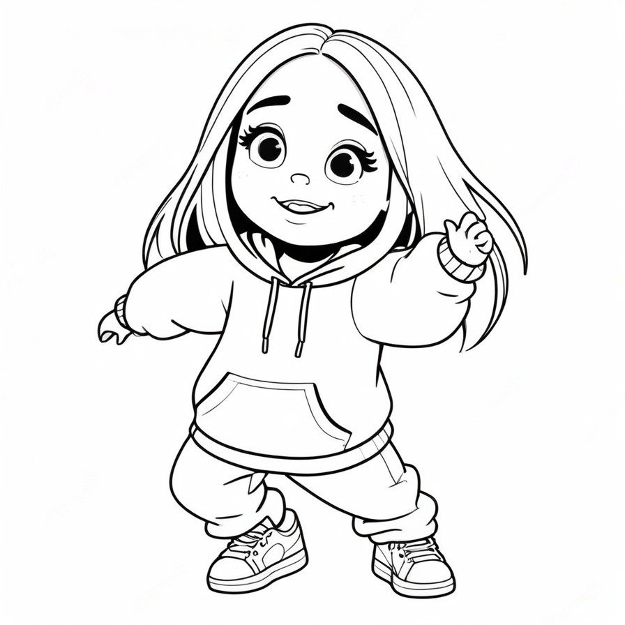 'Billie's Dance Move' captures the vibrant energy of Billie Eilish dancing, presented in a fun and dynamic cartoon style. This coloring page is perfect for those who enjoy capturing motion and expression through their coloring.