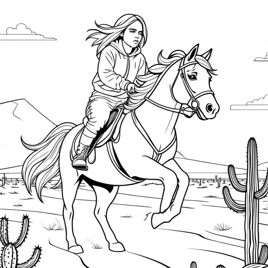 'Billie's Desert Journey' captures the expansive solitude of a desert trek with Billie Eilish. This coloring page offers a minimalist landscape that challenges colorists to convey the vast open spaces and the quietude of the desert, providing a unique artistic experience.