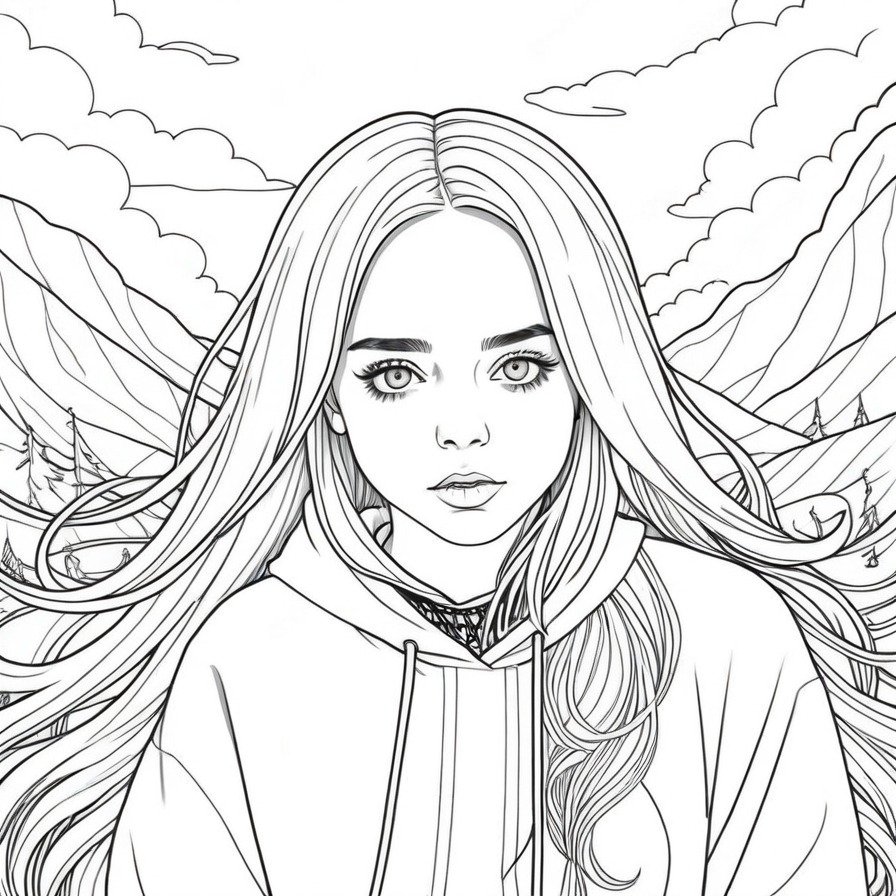 'Billie's Dream Sequence' captures the essence of creativity in music composition, with Billie Eilish visually immersed in her musical thoughts. This coloring page invites colorists to dive into a world of imagination and music, reflecting the artist's creative process in a visually engaging way.