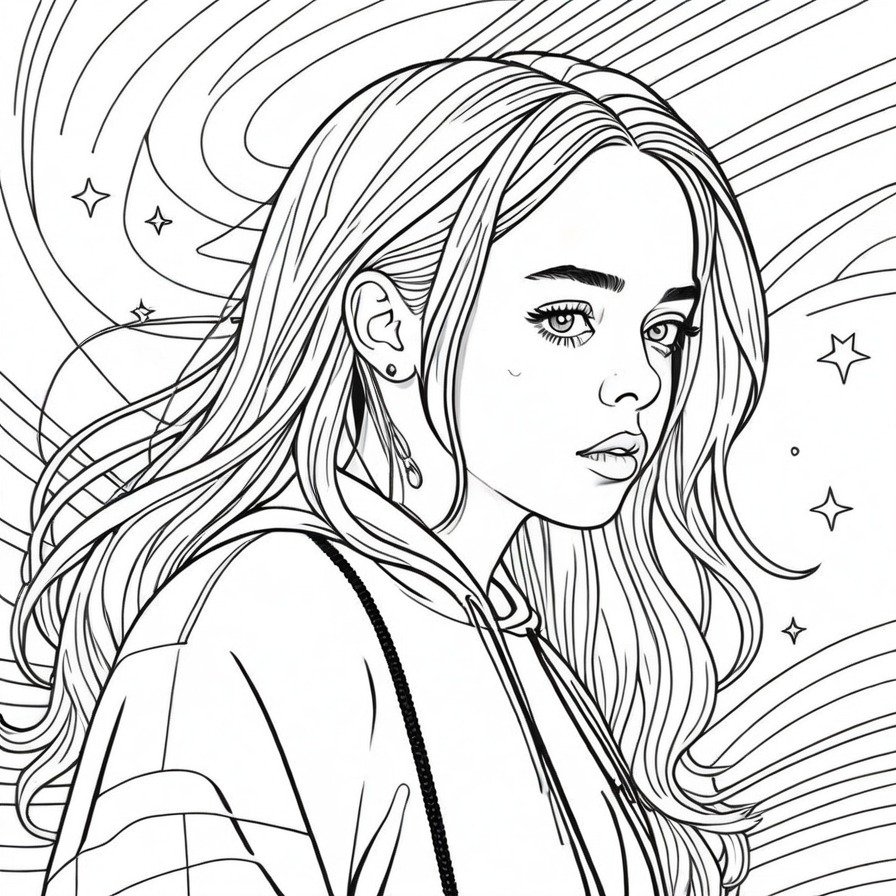 'Billie's Dream Sequence' captures the essence of creativity in music composition, with Billie Eilish visually immersed in her musical thoughts. This coloring page invites colorists to dive into a world of imagination and music, reflecting the artist's creative process in a visually engaging way.