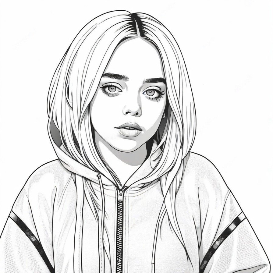 'Billie's Fashion Icon' coloring page showcases Billie Eilish in her element on the red carpet, capturing her unique fashion sense and charisma. Designed for fans of fashion and music, this page focuses on her iconic look with clear, bold lines ideal for coloring. This piece allows colorists to engage with Billie's style in a personal and creative way, offering a blend of celebrity culture and artistic expression.