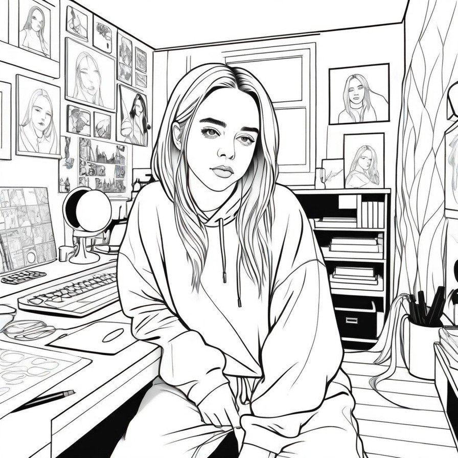 'Billie's Home Studio Session' offers a look into the personal and intimate side of music creation, featuring Billie Eilish in her home studio. This coloring page is ideal for music lovers and those interested in the artistic process.