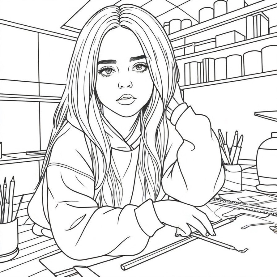 'Billie's Home Studio Session' offers a look into the personal and intimate side of music creation, featuring Billie Eilish in her home studio. This coloring page is ideal for music lovers and those interested in the artistic process.