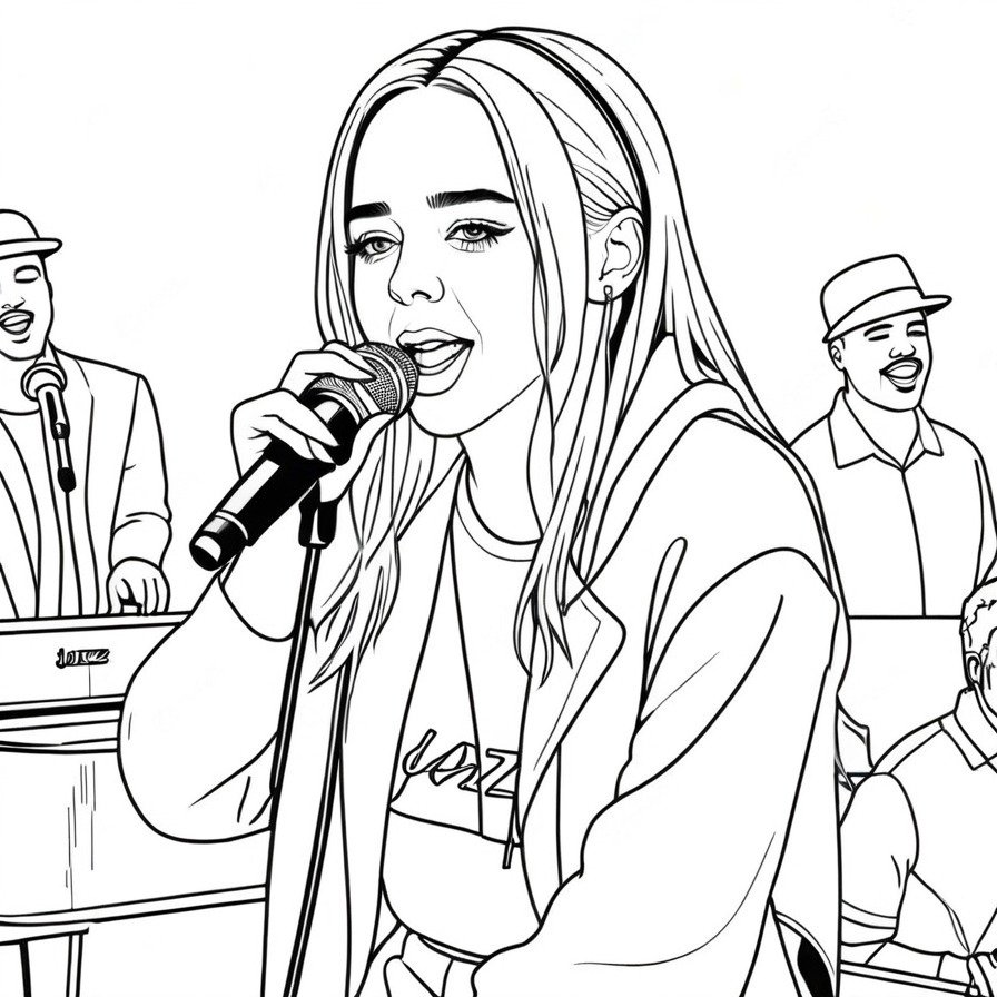 'Billie's Jazz Night' captures an intimate musical performance by Billie Eilish in the unique atmosphere of a jazz club. This coloring page is perfect for fans who appreciate the smooth vibes of jazz and the personal touch of live performances.