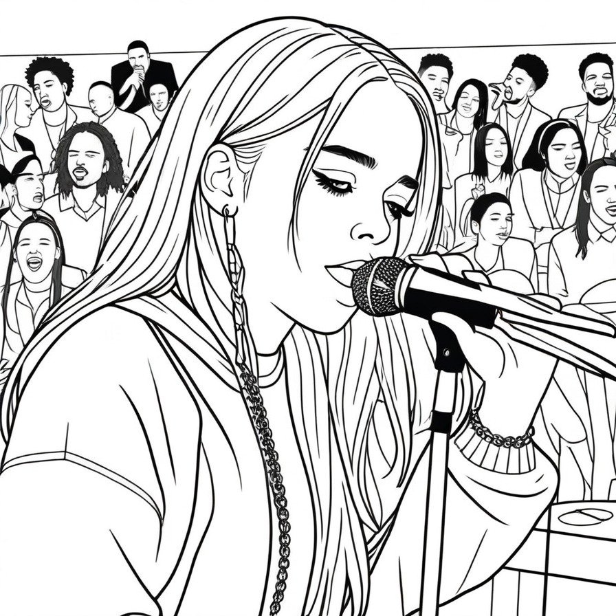 'Billie's Jazz Night' captures an intimate musical performance by Billie Eilish in the unique atmosphere of a jazz club. This coloring page is perfect for fans who appreciate the smooth vibes of jazz and the personal touch of live performances.