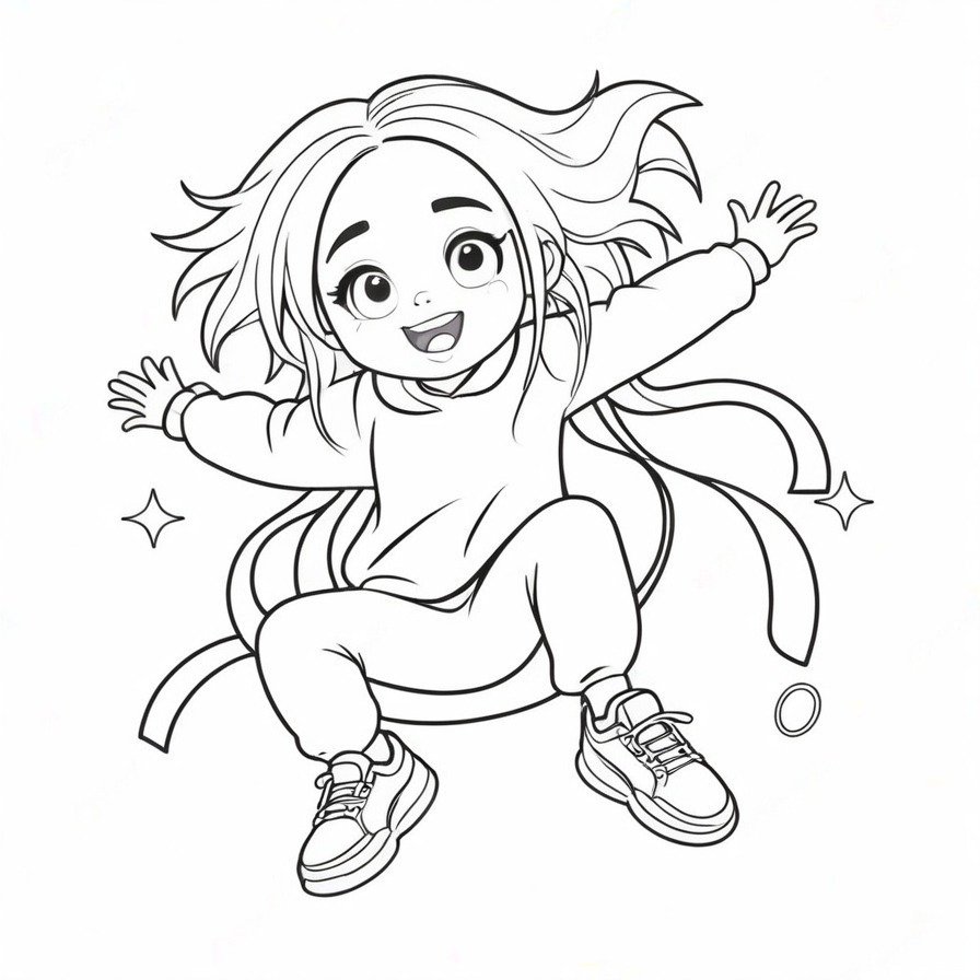 'Billie's Joyful Jump' brings a burst of energy and happiness as Billie Eilish is captured mid-jump in a delightful cartoon form. This coloring page is perfect for adding a touch of joy and animation to any coloring session, appealing to fans and colorists looking for a fun and uplifting image to color.