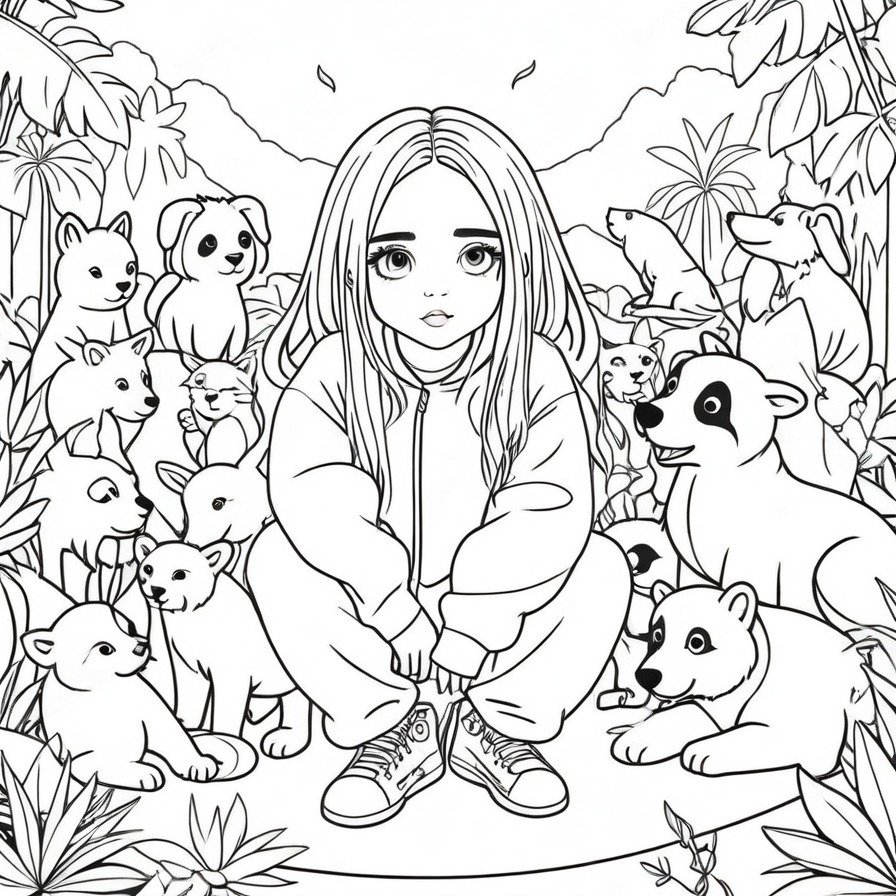 'Billie's Jungle Jam' brings a lively and playful twist to a music concert, featuring Billie Eilish surrounded by jungle animals. This coloring page offers a whimsical take on a concert, blending music with the untamed joy of the jungle, creating a fun and engaging coloring activity for all.