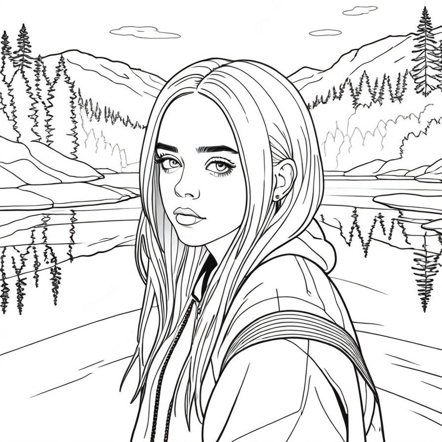 'Billie's Lakeside Reflection' offers a tranquil scene of Billie Eilish by a lake, providing a moment of peace and reflection. This coloring page is ideal for those seeking a calm and meditative coloring experience.