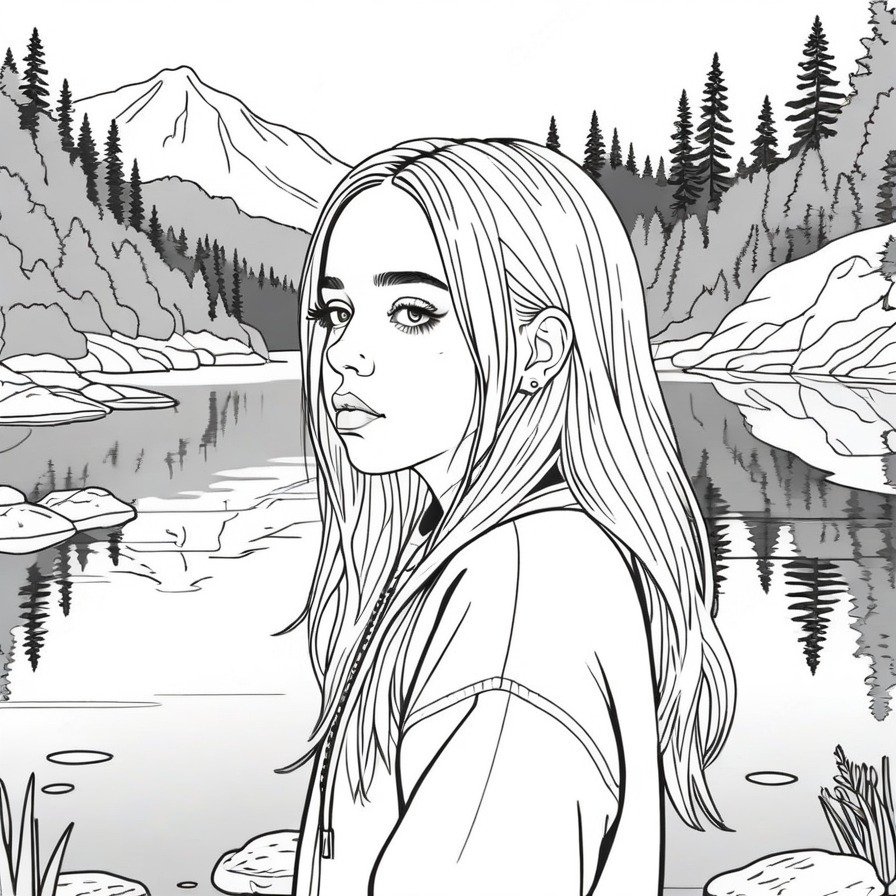 'Billie's Lakeside Reflection' offers a tranquil scene of Billie Eilish by a lake, providing a moment of peace and reflection. This coloring page is ideal for those seeking a calm and meditative coloring experience.