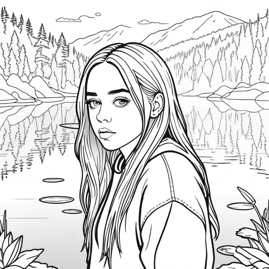 'Billie's Lakeside Reflection' offers a tranquil scene of Billie Eilish by a lake, providing a moment of peace and reflection. This coloring page is ideal for those seeking a calm and meditative coloring experience.