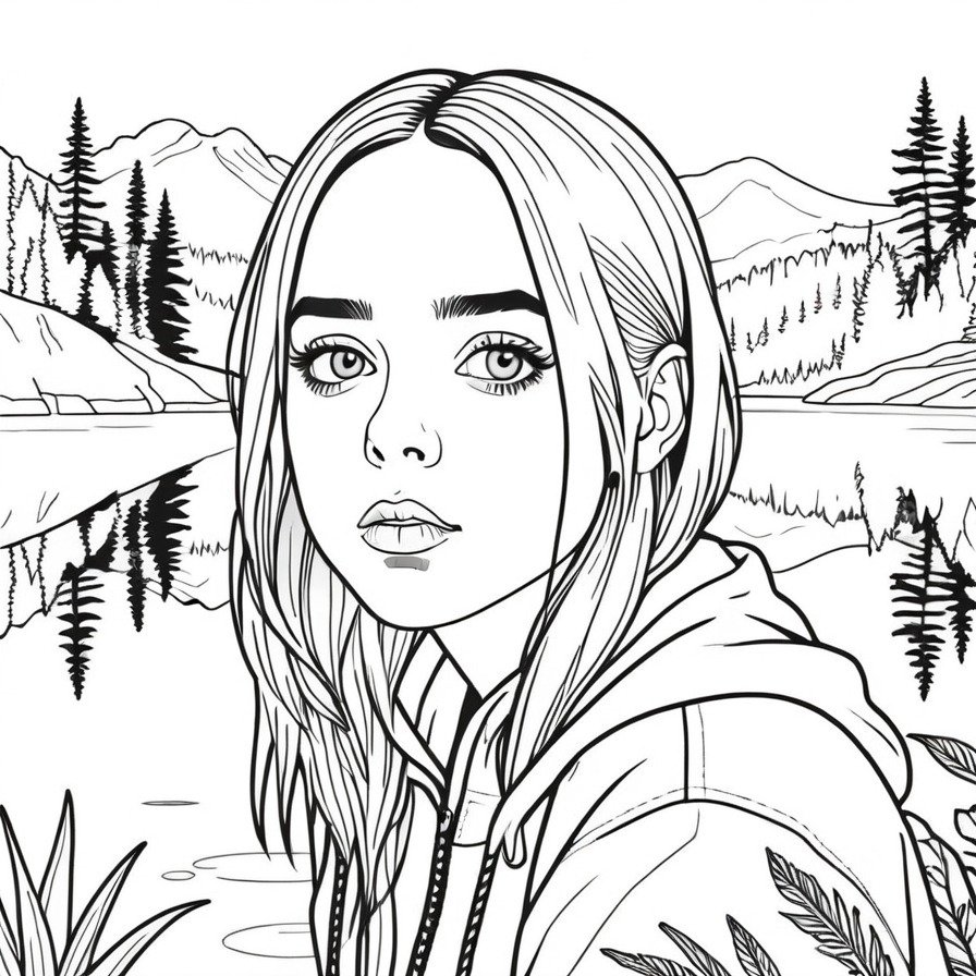 'Billie's Lakeside Reflection' offers a tranquil scene of Billie Eilish by a lake, providing a moment of peace and reflection. This coloring page is ideal for those seeking a calm and meditative coloring experience.