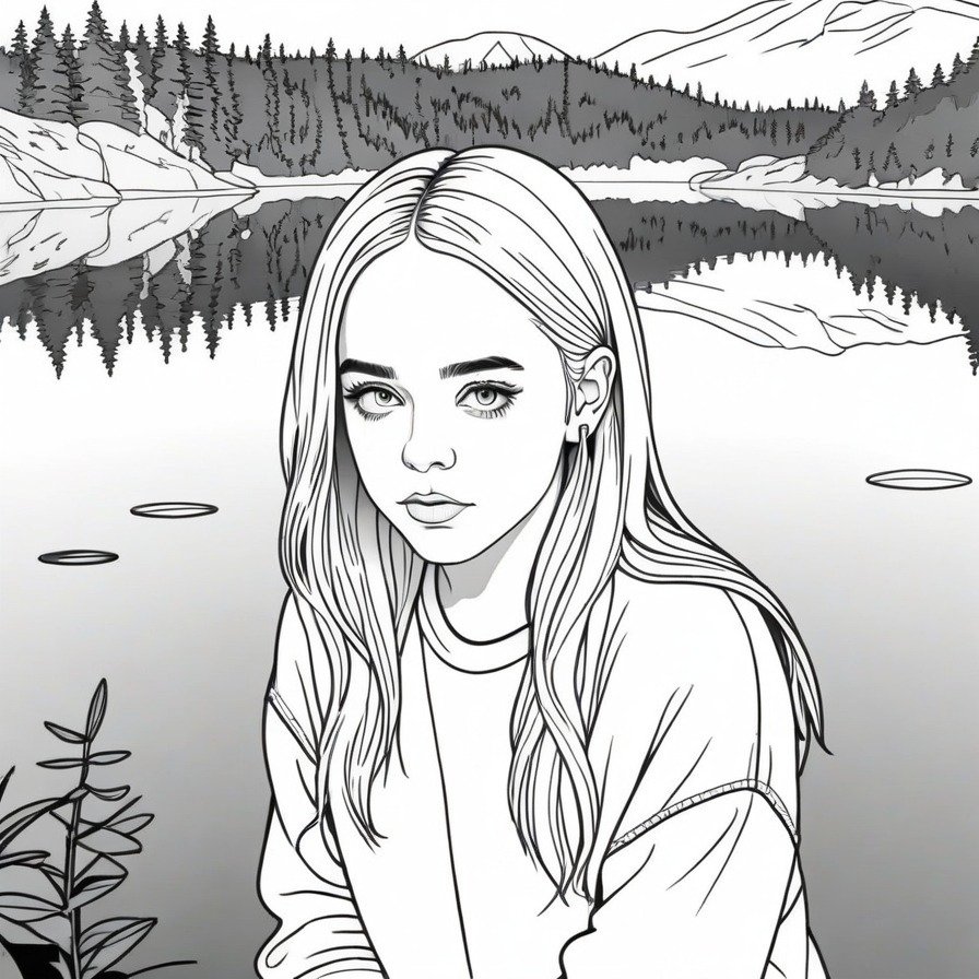 'Billie's Lakeside Reflection' offers a tranquil scene of Billie Eilish by a lake, providing a moment of peace and reflection. This coloring page is ideal for those seeking a calm and meditative coloring experience.