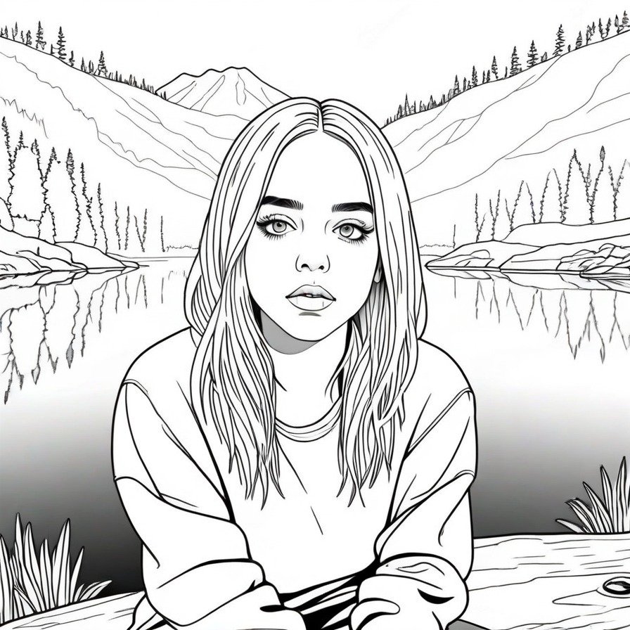 'Billie's Lakeside Reflection' offers a tranquil scene of Billie Eilish by a lake, providing a moment of peace and reflection. This coloring page is ideal for those seeking a calm and meditative coloring experience.