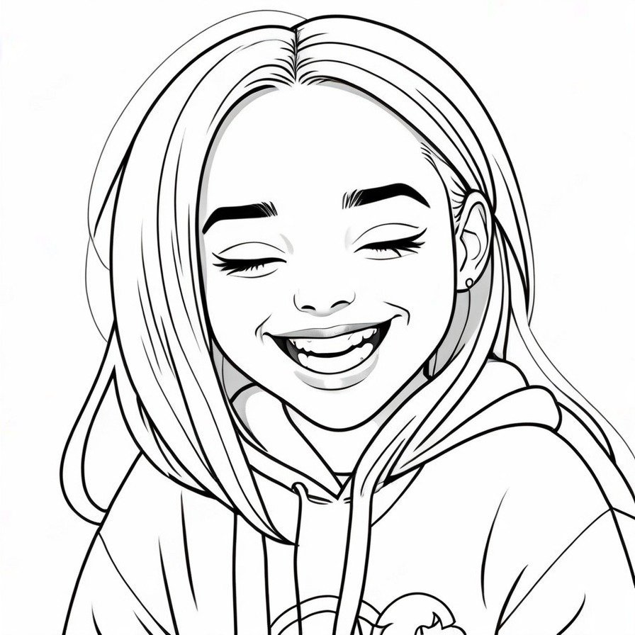 'Billie's Laughing Portrait' portrays a joyful and infectious laugh from Billie Eilish in a cartoon style, emphasizing her expressive personality. This coloring page is a celebration of laughter and happiness, perfect for bringing a smile to the face of anyone coloring it.