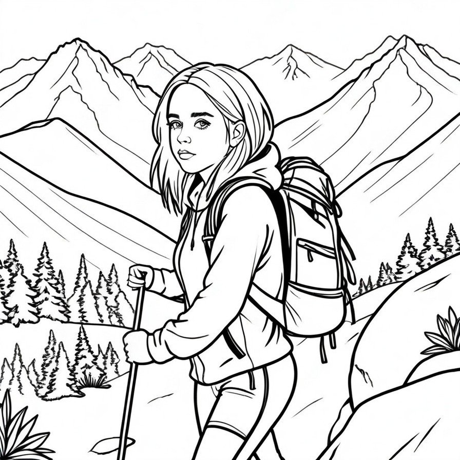 'Billie's Mountain Hike' captures the adventurous spirit of Billie Eilish as she explores mountain trails. This coloring page is perfect for those who enjoy outdoor adventures and natural landscapes.