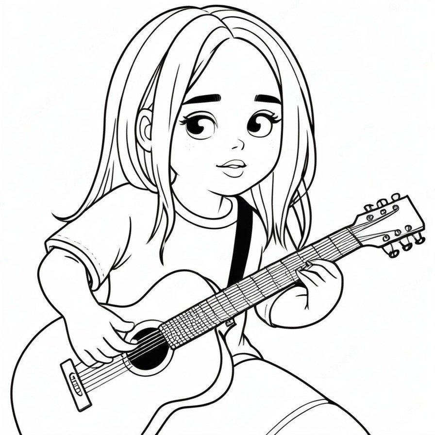 'Billie's Music Creation' showcases Billie Eilish's love for music through a playful cartoon depiction of her playing guitar. This page allows colorists to engage with her artistic expression and add their own flair to her musical world.