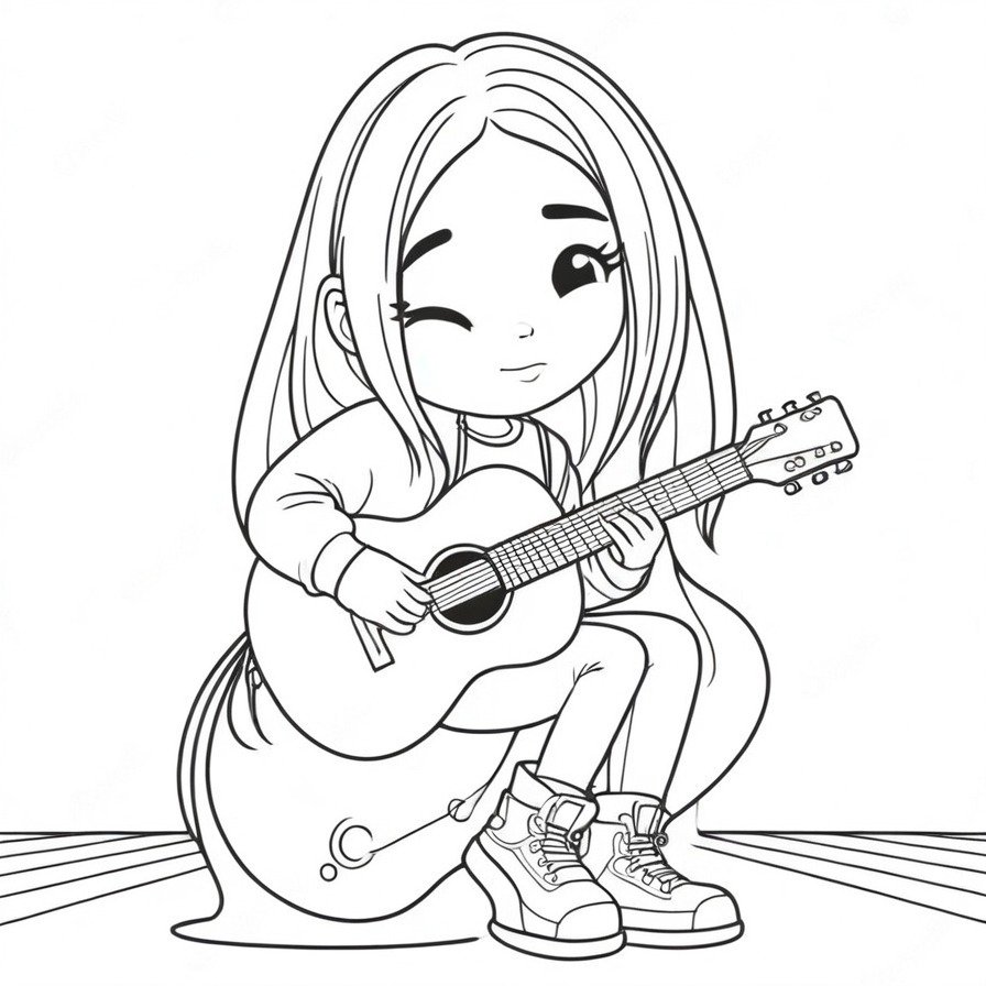 'Billie's Music Creation' showcases Billie Eilish's love for music through a playful cartoon depiction of her playing guitar. This page allows colorists to engage with her artistic expression and add their own flair to her musical world.