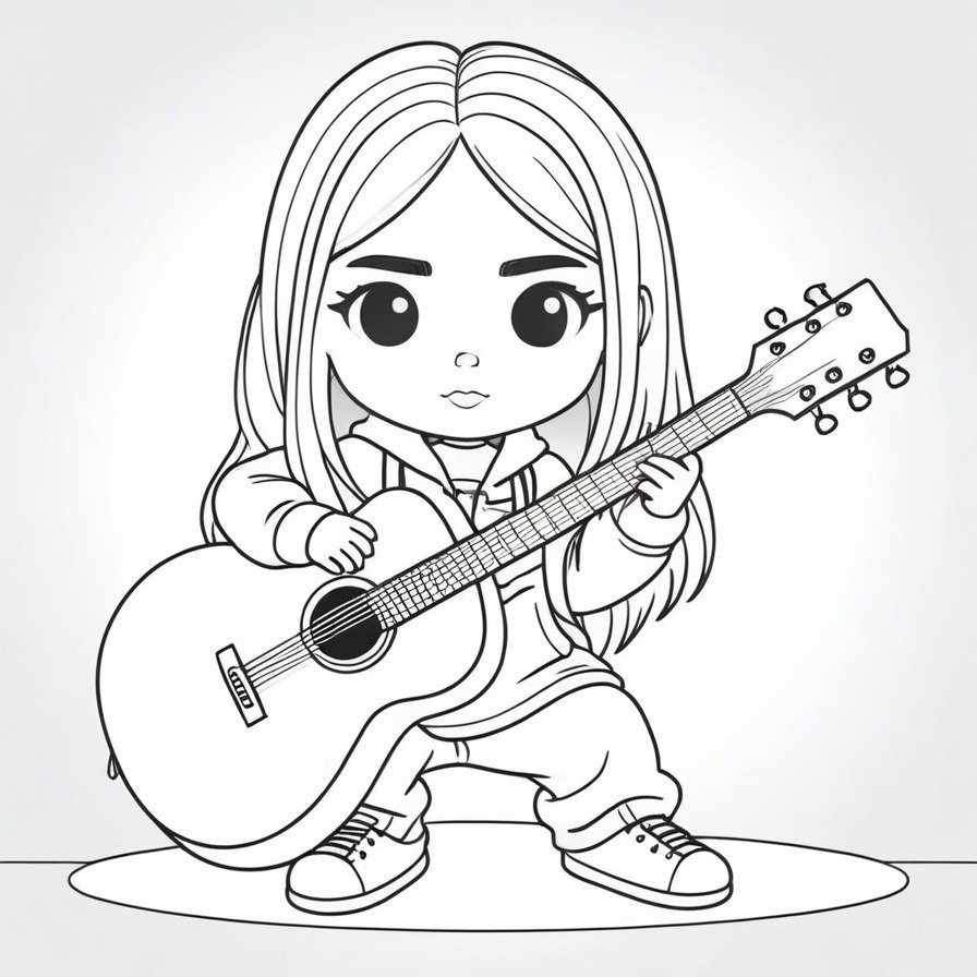 'Billie's Music Creation' showcases Billie Eilish's love for music through a playful cartoon depiction of her playing guitar. This page allows colorists to engage with her artistic expression and add their own flair to her musical world.