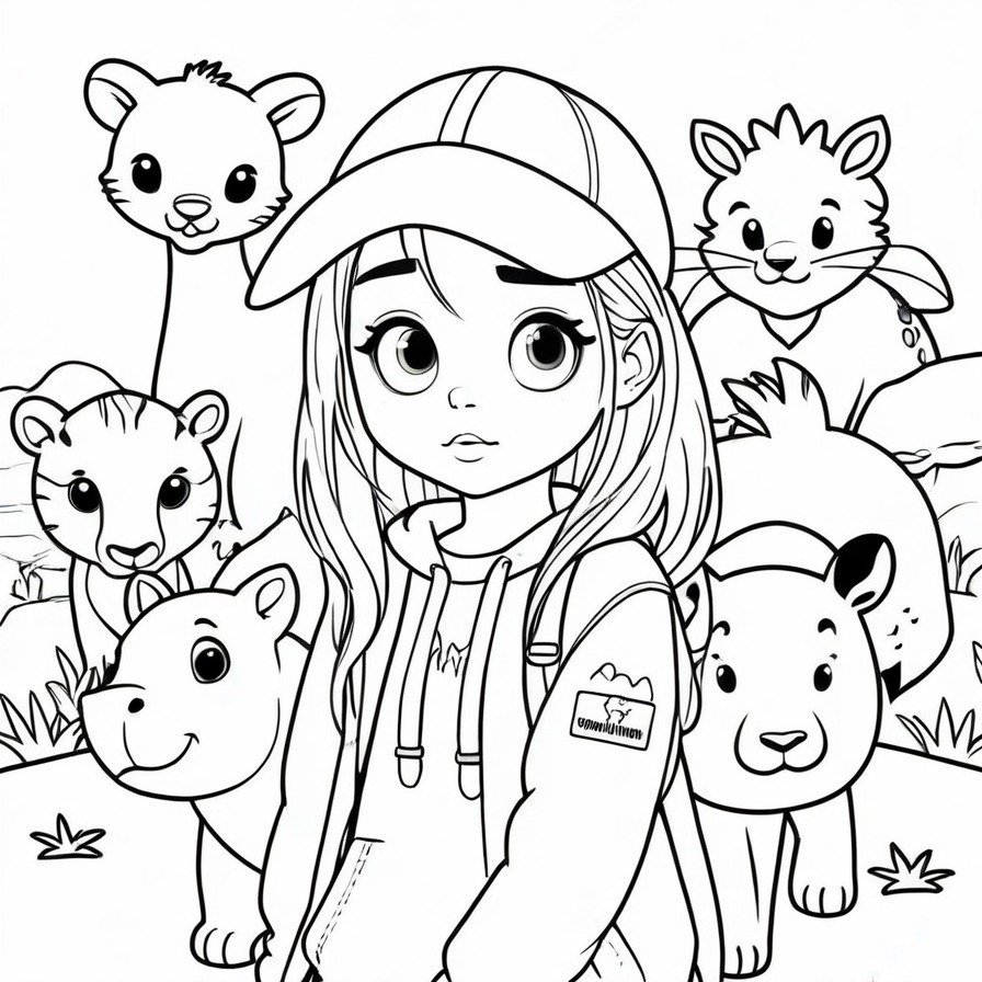 'Billie's Safari Journey' takes viewers on an adventurous safari with Billie Eilish, surrounded by a variety of cartoon wild animals. This coloring page is great for those who love animals and adventurous scenes.