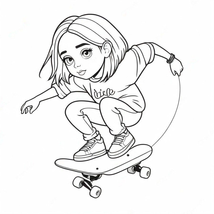 'Billie's Skateboarding Adventure' brings excitement and a sense of freedom as Billie Eilish zooms down a street on her skateboard. This coloring page is great for those who love action and want to express creativity through vibrant and energetic scenes.