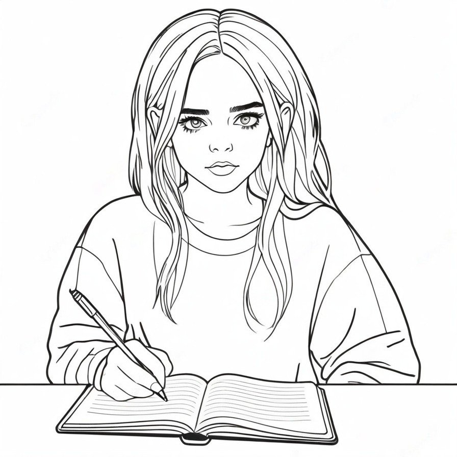 Delve into the creative process of Billie Eilish with 'Billie's Songwriting Session.' This coloring page invites fans to explore the intimate moments of songwriting, presenting Billie engrossed in her craft. The simple setup enhances the personal touch, allowing colorists of all ages to connect with the music star on a deeper level.