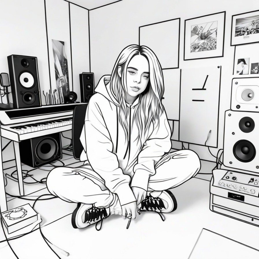'Billie's Studio Break' offers a peek into a casual moment in the music studio, showing Billie Eilish relaxing amid her creative space. This coloring page is great for fans of music and those interested in the behind-the-scenes of music production.