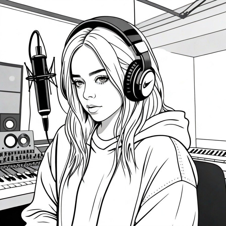 'Billie's Studio Session' captures a moment of musical creation with Billie Eilish, providing an intimate look into her artistic process. This coloring page is ideal for fans who appreciate the dedication behind her music.