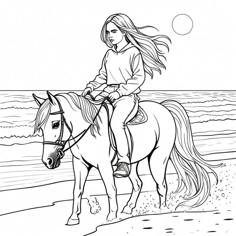 Experience a tranquil beach sunset with 'Billie's Sunset Ride.' This coloring page captures a serene moment as Billie Eilish rides a horse along the shore, with the sunset creating a beautiful silhouette. It's a perfect scene for those who love both the calm of the beach and the beauty of dusk, offering a soothing coloring experience.