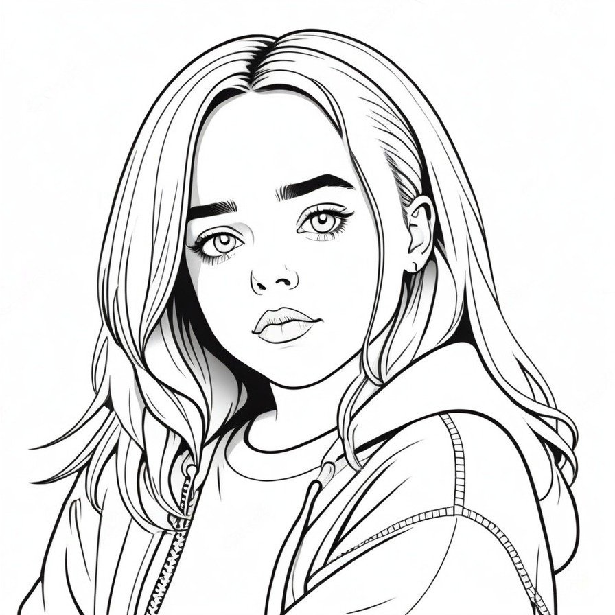 'Billie's Thoughtful Moment' captures a quieter, introspective side of Billie Eilish in cartoon form, offering colorists the chance to engage with a more subdued and reflective image. This coloring page is ideal for those who appreciate moments of contemplation and the subtle expressions of emotion in art.