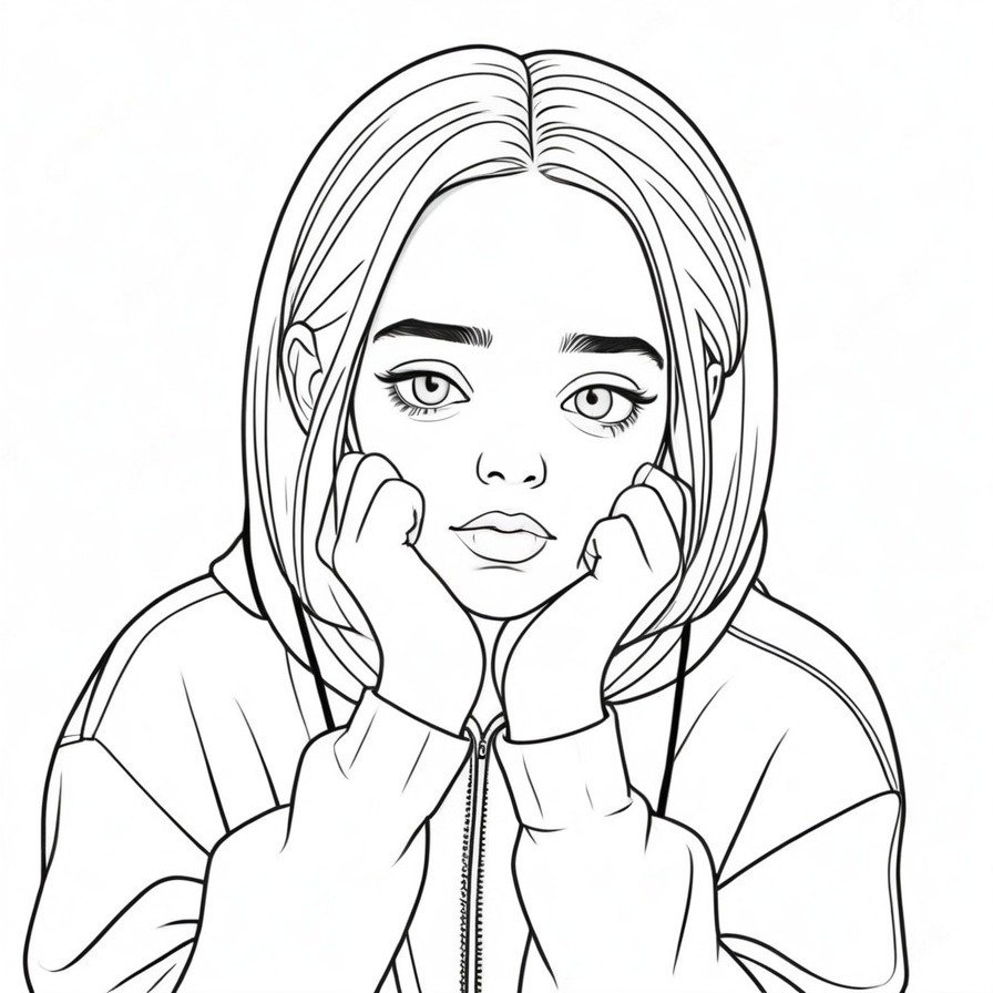 'Billie's Thoughtful Moment' captures a quieter, introspective side of Billie Eilish in cartoon form, offering colorists the chance to engage with a more subdued and reflective image. This coloring page is ideal for those who appreciate moments of contemplation and the subtle expressions of emotion in art.